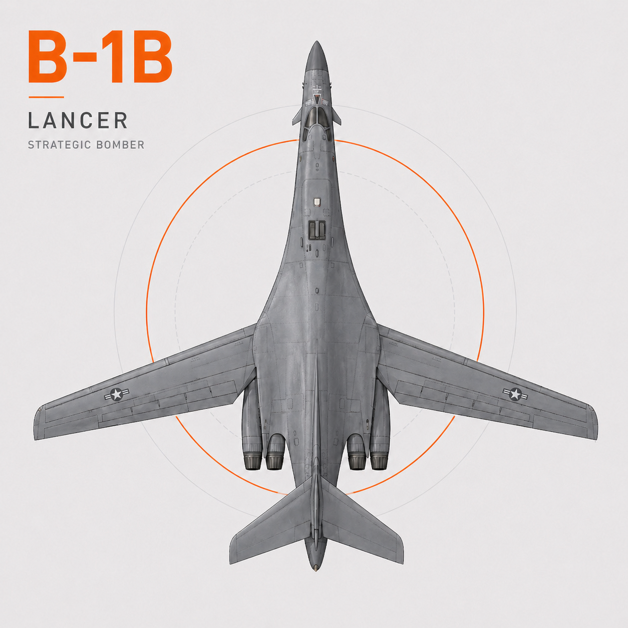B-1Bランサー戦略爆撃機の上面図イラスト｜可変翼と4発エンジン構成を示すトップビュー