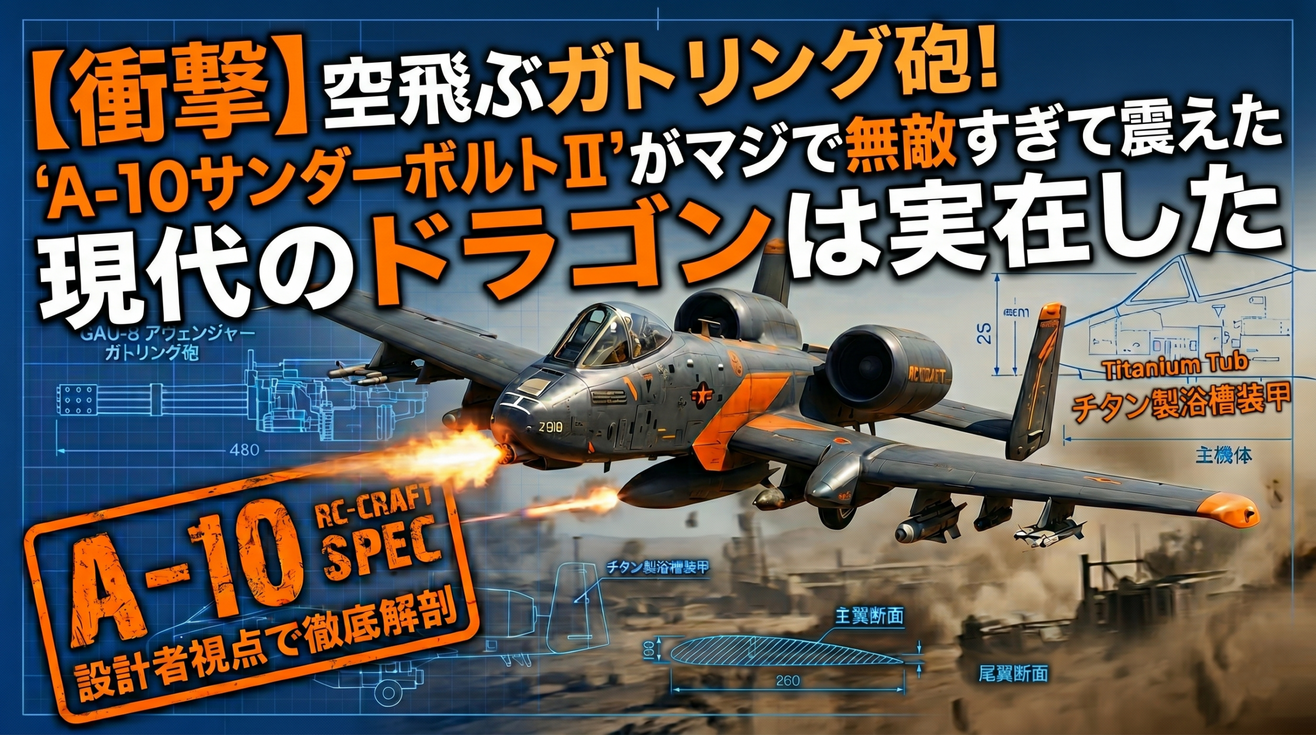 A-10サンダーボルトIIがGAU-8ガトリング砲を発射しながら飛行するイメージと設計図を組み合わせたアイキャッチ画像